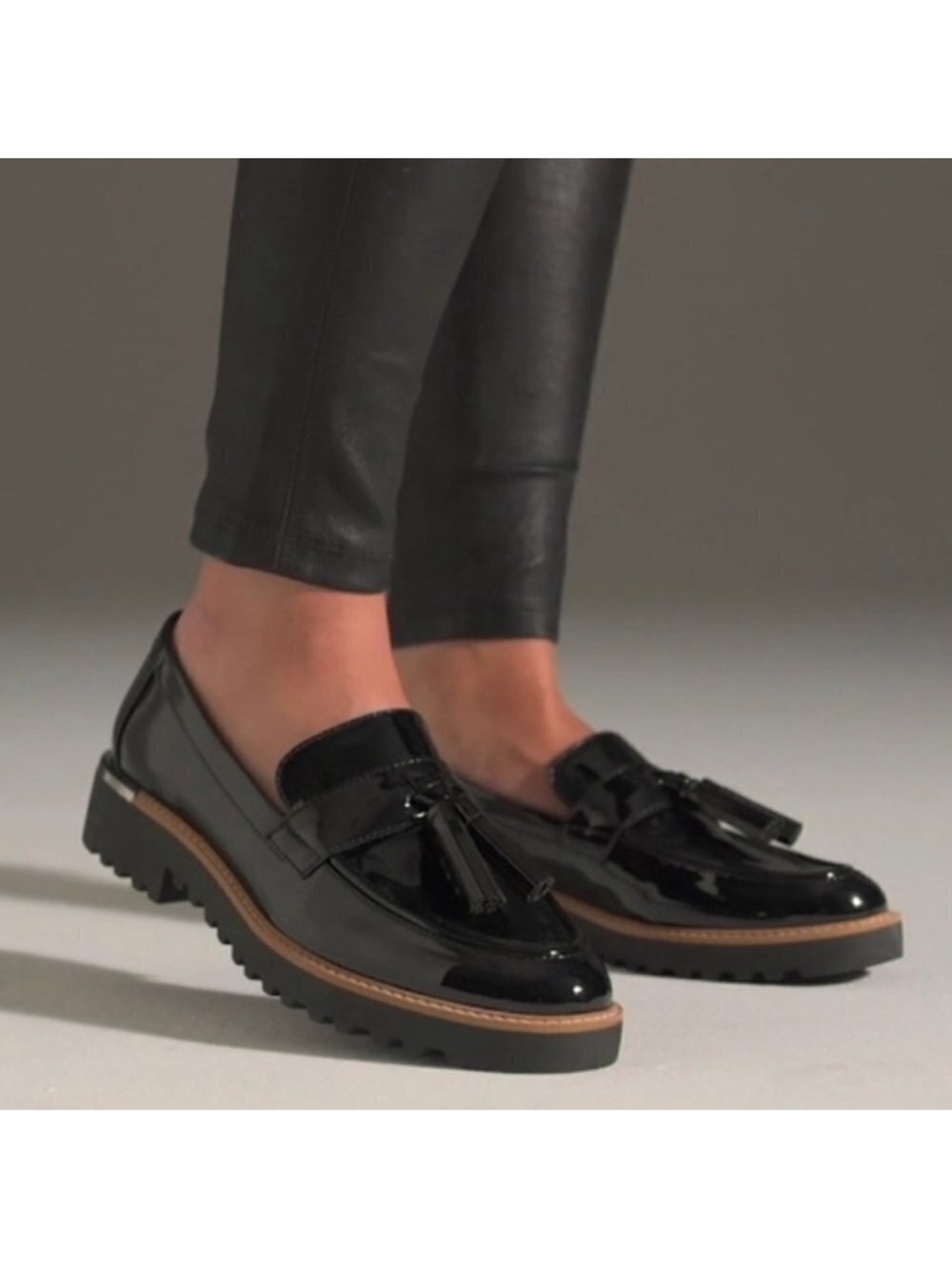 Franco Sarto Black Patent Tassel Lug Loafers